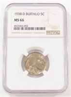 NGC GRADED 1938-D BUFFALO NICKEL MS66 NICE TONING