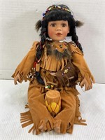 NATIVE AMERICAN PORCELAIN DOLL W/ STAND - 16"