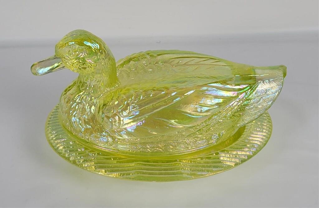 Vtg Uranium Glass Duck Covered Dish