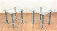 Pair Verde Green Iron Bevel Glass Top End Tables