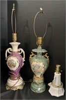 3 Victorian, Floral, Milk Glass Table Lamps.