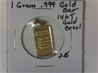 One Gram .999 Gold Bar in a 14 Kt Bezel