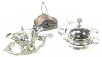 (3pc) Silver Plate Victorian Butter Dish, Gravy