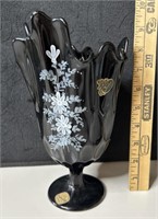Fenton Black Glass Swung Thumbprint Vase