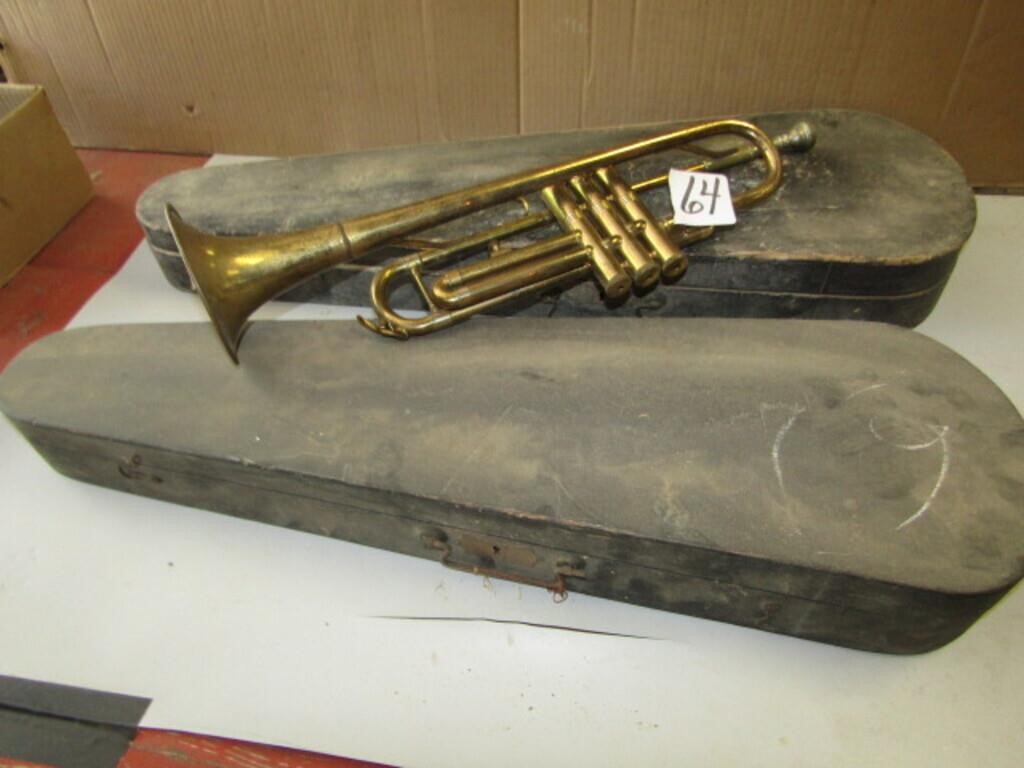 BRASS TRUMPET, 2 WOOD VIOLIN CASES