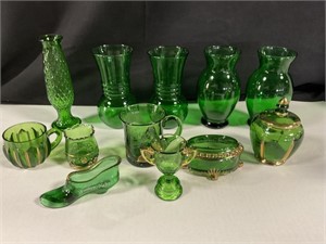 EAPG in Emerald Green, 5-Vases, & Souvenir Glass