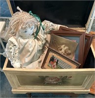 child’s chest with doll,book, frames,step stool