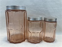 Hoosier Pink Glass Jar Canisters, Paneled