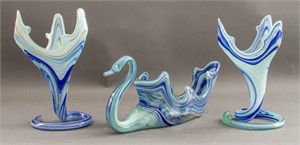 Vintage Hand-Blown Glass Swan Form Garniture Set