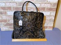 LARGE BLACK LEATHER EMBROIDERED CARRY-ON BAG