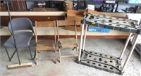 2 wood folding chairs, handle tool holder, chair