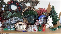 Glass Christmas tree, nativity scene, wreathes,