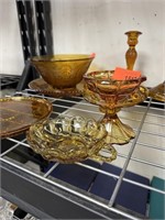 LOT OF MISC AMBER GLASS BOWLS ETC