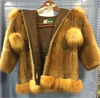 Childs fur coat with fox trim, quilted lining by D