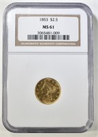 1853 GOLD $2.5 LIBERTY  NGC MS-61