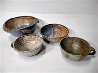 4 Unique Glazed Bowls & Strainer - Artist Signed