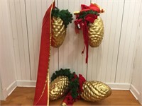 4 Large Gold Paper Mache Pinecones with Red Ribbon