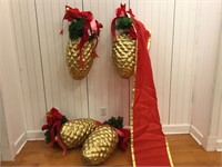 4 Large Gold Paper Mache Pinecones with Red Ribbon