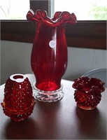 Fenton red hobnail fairy lamp & bowl