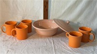 Fiesta Apricot Bowl w/ Lid, (5) Fiesta Orange Mugs