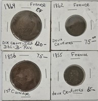 4 French 1800's Coins 1855, 1856, 1862, 1864