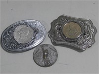 2 Coin Belt Buckles W/Award Metal