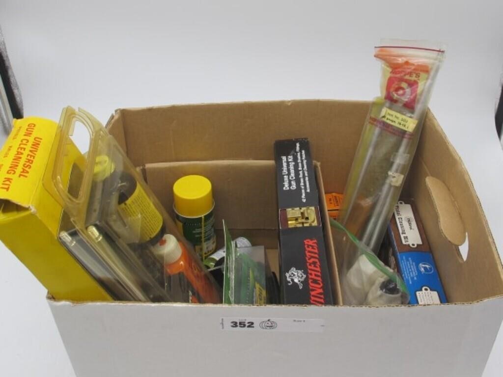 BOX FULL OF GUN CLEANING KITS/ SOLVENTS/ OIL