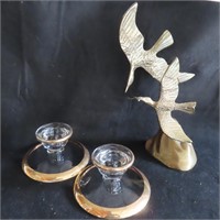 Gold Trim Candle Holders and Brass Birds