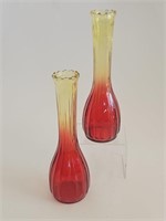 VTG PAIR AMBERINA RED RAINBOW GLASS VASES-#S3-10