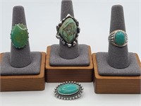 3 Sterling Turquoise Rings & 1 Sterling Pendant