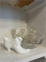 Art Glass Swan, Fenton Shoe and Candlestick
