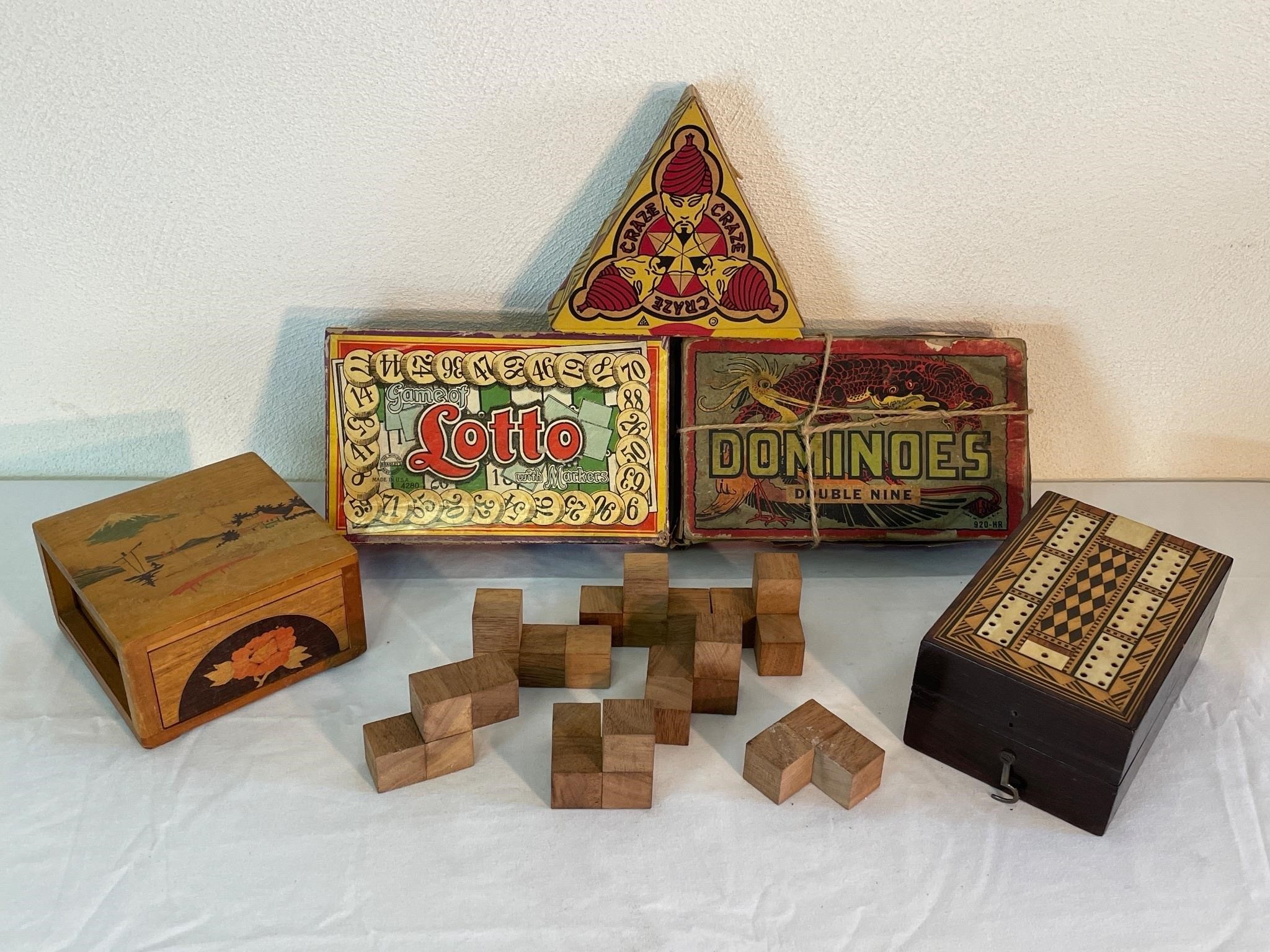 Assorted antique toys and boxes