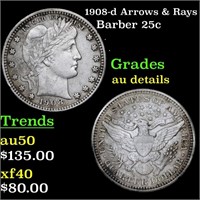 1908-d Arrows & Rays Barber 25c Grades AU Details
