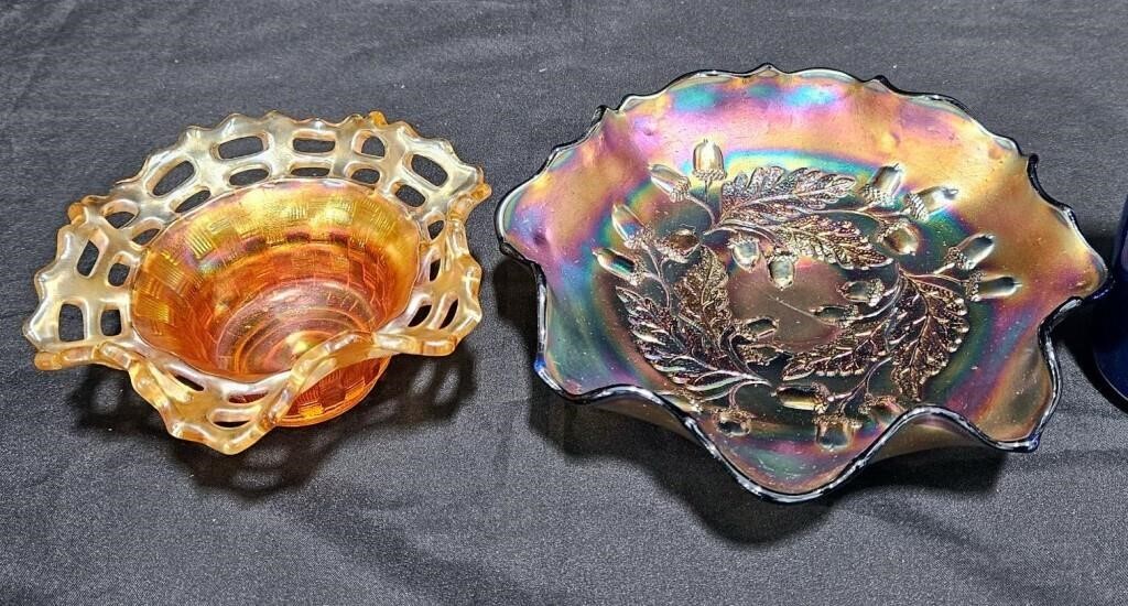 2 Carnival Glass Bowls - Fenton Acorn & Marigold