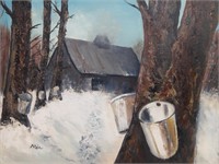 Maple Syrup Sugar Shack Landscape, Oil, Signed