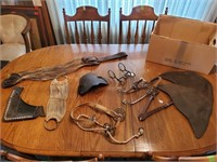 Antique bits, tack & saddle leather mixed lot