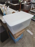 Clear storage tote with white lid