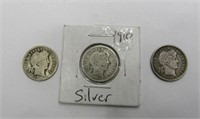 3 Barber .90% Silver Dimes