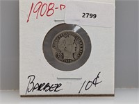 1908-D 90% Silv Barber Dime