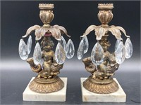 Mid Century Brass & Marble Cherub Candle Holders