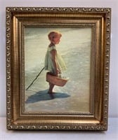 Framed Oil on Canvas of Girl on Beach