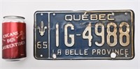 Plaque d'immatriculation, Québec, 1965