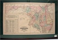 FRAMED RAILROAD MAP MARYLAND, DELAWARE & DC, 1877