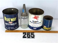 3 metal oil cans & Oil bottle