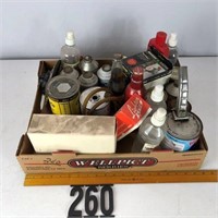 Flat of Oil cans & car supplies