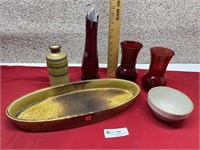Red Glass, Pottery & Stoneware Bowl