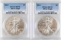 2013 SILVER EAGLE LOT OF 2 PERFECT MS70 PCGS