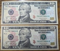 $20 Consecutive serial number uncirculated $10