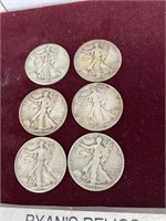 6 - 1940’s Walking Liberty Silver Quarters