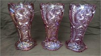 3 Smith glass 9” pink carnival vases